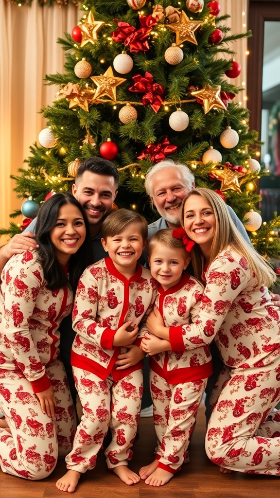 Family in matching Christmas pajamas smiling in front of a decorated tree for a holiday card photo.